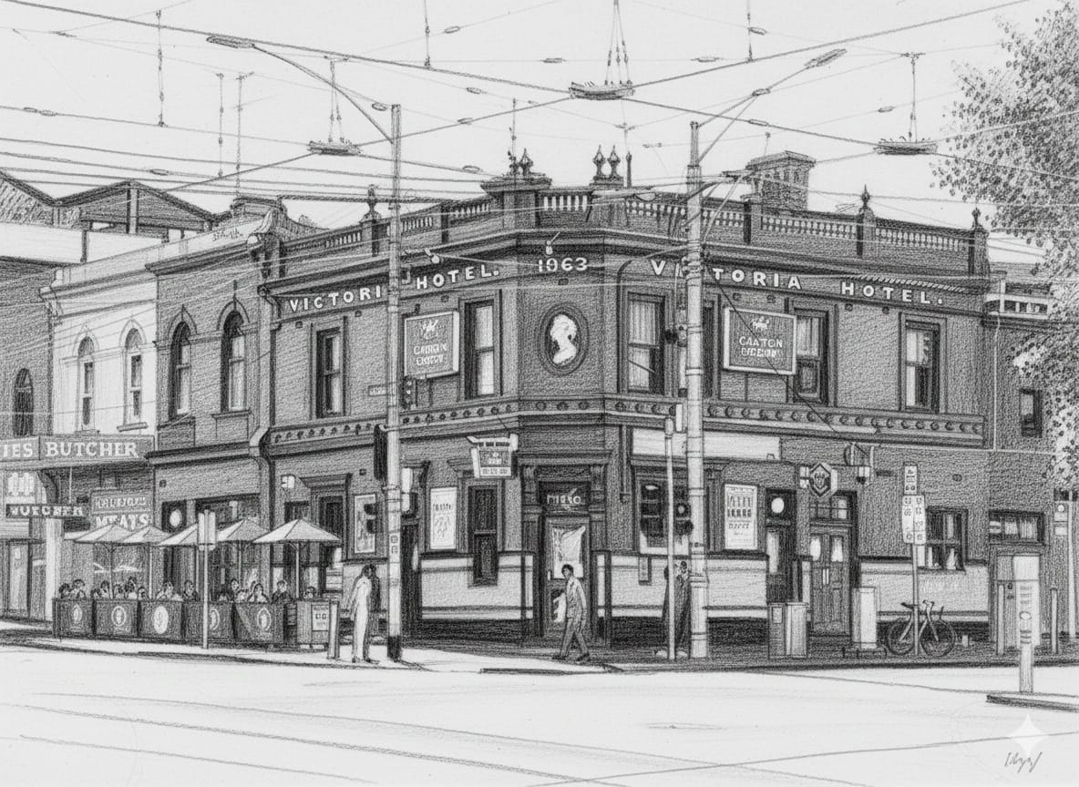 Black and white illustration of Victoria Hotel's historic corner building on Victoria Street